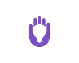 Wall Mural - Abstract bulb in the hand palm logo design. Universal minimalistic electricity, idea, invention  sign symbol logotype.