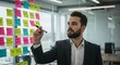 © Annada - Man in suit writing on sticky notes attached to a glass wall.