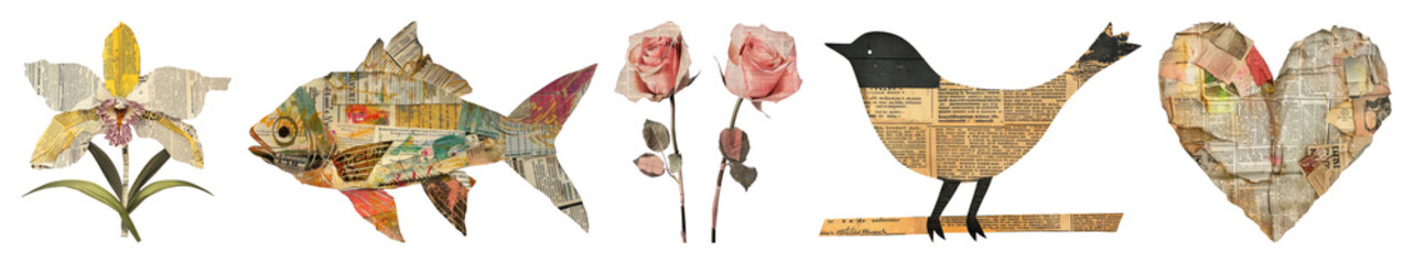 Wall Mural - PNG Vintage collage art elements, element set on transparent background