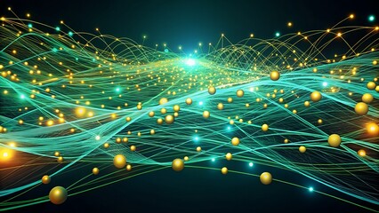 Vibrant abstract visualization of a complex data network with glowing green and yellow particles and lines, illustrating the flow of information and interconnectedness in a dynamic digital space