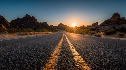 Wall Mural - Stretching Road Through Desert Landscape at Sunrise with Rocky Mountains and Golden Sun Rays in the Background