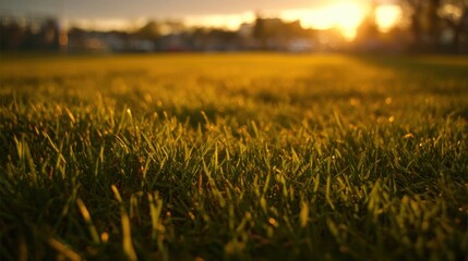Wall Mural - Golden Sunlight Illuminates Fresh Green Grass in a Beautiful Summer Evening Scene