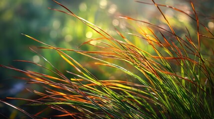Wall Mural - Delicate Grass Blades with Sunlight Glimmering in a Serene Natural Environment Capturing Tranquility and Beauty of Nature