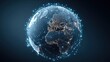 © Chantip - 3D-rendered globe with bright blue network links connecting major cities, symbolizing worldwide internet connectivity, digital communication, and global business, isolated on dark gradient background.
