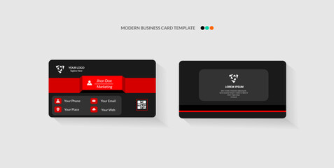 Two modern business card templates, one front and one back, with black and red design elements.