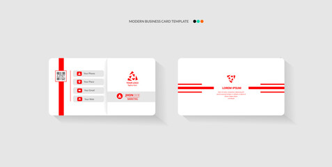 Modern business card template design with red accents and contact information.