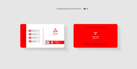 Two sides of a modern business card template, one white with red accents and the other solid red.