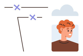 Profile picture of smiling person adjacent to a cloud icon, connected by lines and crosses. Ideal for online networking, digital identity, cloud storage, user management, communication