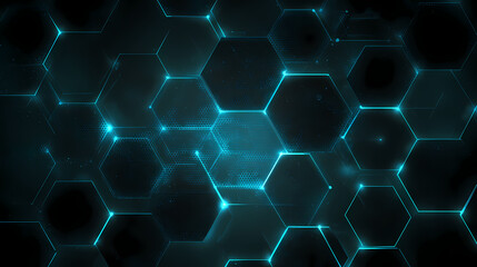 Abstract futuristic background with a glowing blue hexagonal grid representing a digital network, data, and technological synergy