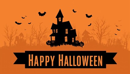 Wall Mural - halloween-themed background with a spooky haunted house, pumpkins, and bats against an orange sky 