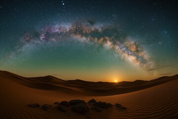 Wall Mural - vast night cosmos with luminous milky way arch above remote desert landscape shimmering constellatio