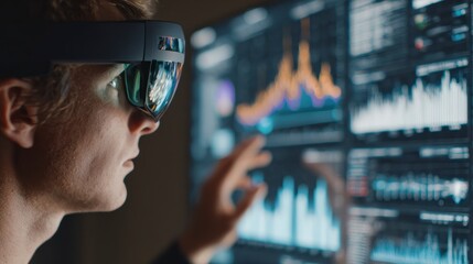 Person uses vr headset analyzing data charts