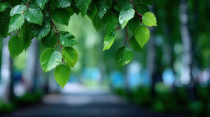 Lush Green Birch Leaves Adorned with Water Droplets in a Natural Forest Setting with Soft Bokeh Background