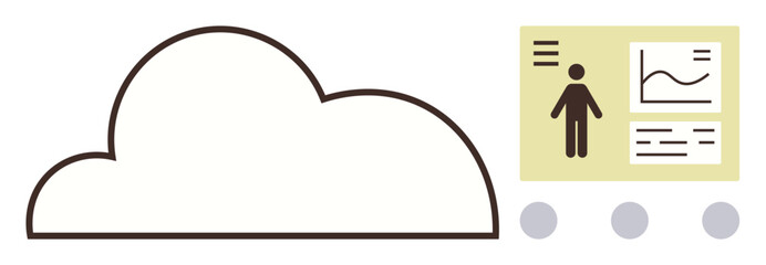 Cloud connected to analytics dashboard featuring human figure, charts, and text. Ideal for data management, cloud computing, technology, analytics, collaboration, information sharing simple flat