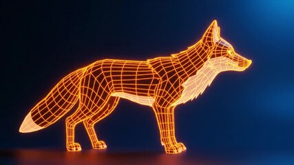 Animated Neon Fox: Futuristic 3D Wireframe Render on Blue Background