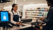 © My page is full - A smiling cashier scans groceries at a bright supermarket counter, customer waiting with basket, symbolizing modern retail service, customer interaction, and digital payment system.