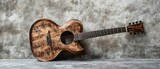 Wooden acoustic guitar on gray textured wall music instrument photography
