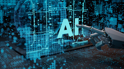 Robot hand interacts with futuristic AI data hologram Cyber network and machine learning technology background 3D render