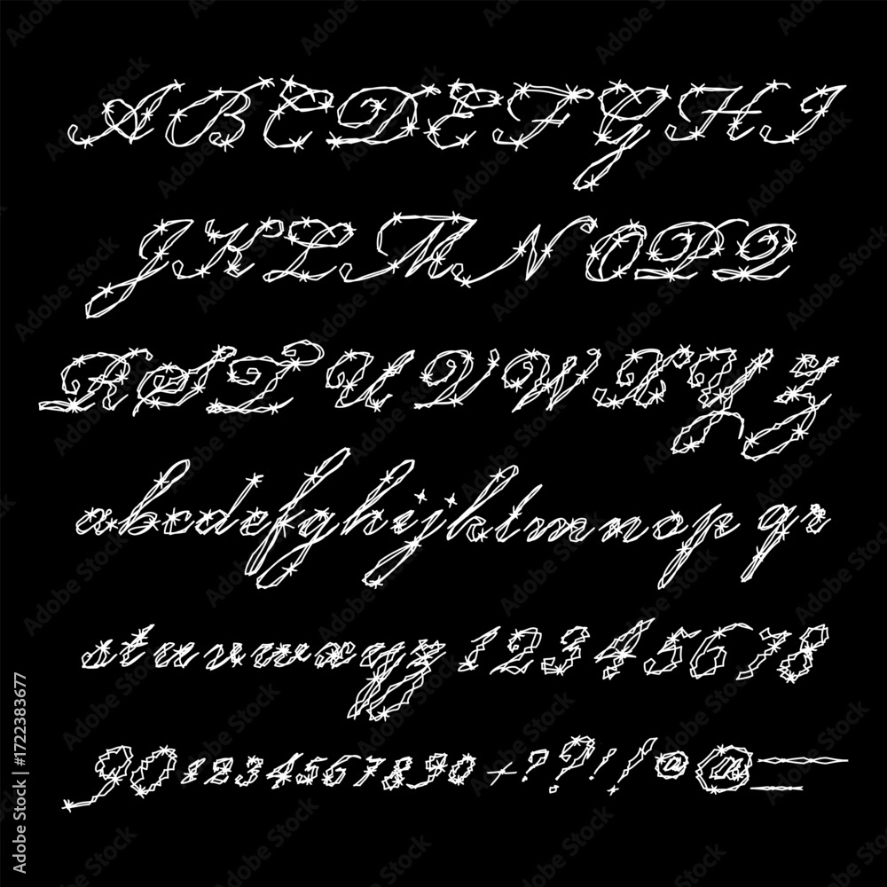 Stylized calligraphy alphabet made of barbed wire design. The image ...