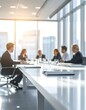 © Softframe - A business meeting in a modern conference room with cityscape view. Blurred figures around table bask in sunlight