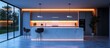 © GoDress - Modern kitchen island with marble countertop, illuminated with warm LED strip lighting at night.