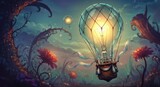 A whimsical, glowing lightbulb hot air balloon floats amidst a fantastical flower-filled landscape, showcasing vibrant colors and intricate details.