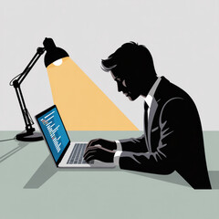 Man coding on laptop at night illustration for software development and programming concept vector graphic design