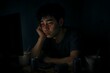 © Jchanism - An illustration of a highly sensitive man sitting tired at night with a computer, surrounded by instant food and drinks, symbolizing insomnia, unhealthy habits, and disrupted life patterns.