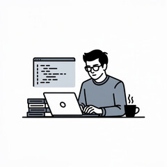 Freelance programmer working on laptop with code and coffee vector illustration design concept art