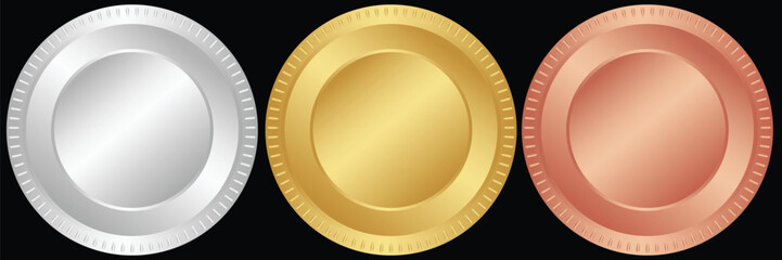 Award golden, silver and bronze blank medals 3d vector realistic illustration. First, second and third place medals or buttons isolated on black background. Quality blank, empty badge, emblem set.