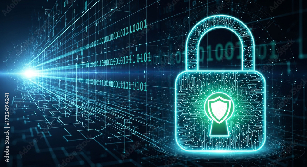 Cyber security concept digital lock with binary code background for ...