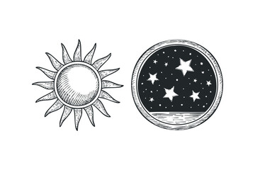 Wall Mural - Line drawing of sun and night sky with stars. Vector hand drawn illustration