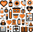 © Vector Stock - Healthcare and medical icons bundle vibrant orange and black designs for your digital and print projects including hearts stethoscopes and more