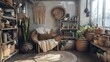 © CreativeAi - Boho-inspired utility area with a mix of natural elements, cozy seating