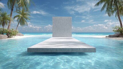 Wall Mural - Platform stage over water with beach and palm trees background. Perfect for promoting travel and tropical summer product display.