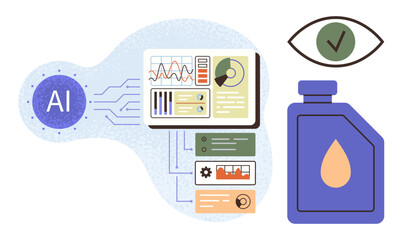 AI chip, data dashboards with charts, gear diagrams, oil container, eye icon. Ideal for technology, AI, automation, analytics process optimization industrial monitoring artificial intelligence