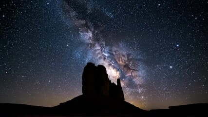 Wall Mural - The brilliant Milky Way galaxy slowly sweeps across the heavens above a distinctive rock formation under a starry night timelapse night, heavens, astronomy