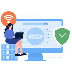 Person with laptop near computer monitor server racks and wifi symbol