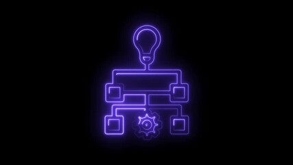 Neon glowing workflow chart with lightbulb and cogwheel on black background visualisation