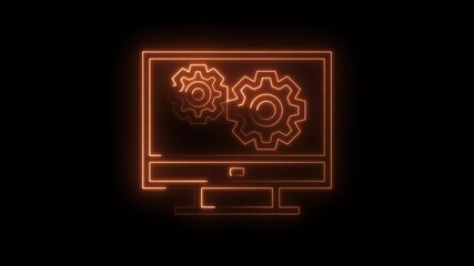 Neon computer display with cogwheel animation on black background showing progress and settings