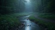 © ByMbok - Foggy forest scene with a stream flowing through lined with greenery and trees under a misty sky