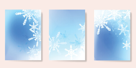 Wall Mural - Abstract blur gradient winter card background set. Minimalist poster with snowflake watercolor texture. Modern fall season wallpaper design for cover, print, Christmas and New Year ads.