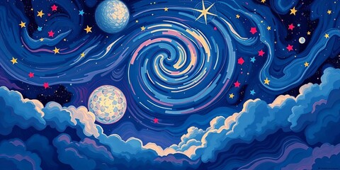 Wall Mural - Abstract impressionist starry night, turbulent clouds, seamless vector pattern,  repeat,  brushstrokes