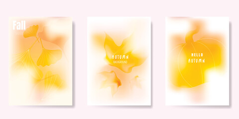 Wall Mural - Abstract blur gradient autumn card background set. Minimalist poster with pumpkin, ginkgo and maple leaf. Modern fall season wallpaper design for home decoration, website, banner, ads.