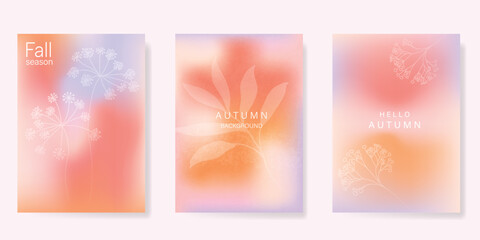 Wall Mural - Abstract blur gradient autumn card background set. Minimalist poster with flower, leaves branch. Modern fall season wallpaper design for home decoration, website, banner, ads.