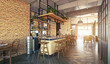 © Victor zastol'skiy - Empty restaurant bar interior with an industrial loft design. Modern pub with exposed brick walls and wooden furniture. 3D rendering.