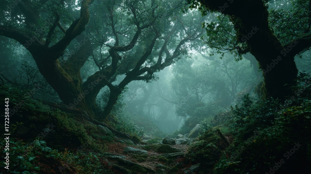 神秘的な霧に包まれた深い森の風景。自然や冒険関連のイメージに最適な