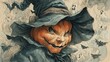 © ilic - Watercolor painting of a pumpkin-headed witch wearing a black witch's hat