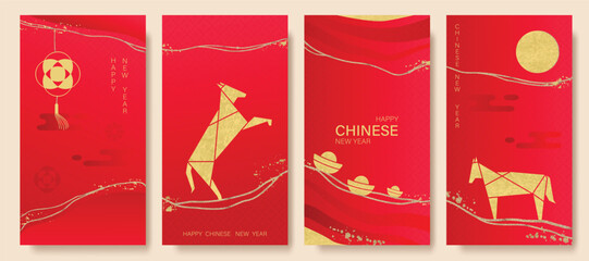 Wall Mural - Chinese New Year 2026 hongbao red envelope design vector. Collection of Chinese festival with horse, gold nugget, wave. Elegant oriental illustration for ang pao, cover, website, calendar, ads.
