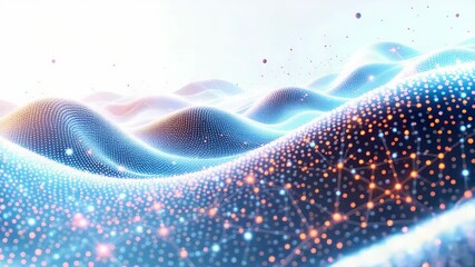 Wall Mural - Abstract digital landscape of glowing interconnected nodes forming undulating waves.